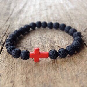 Orange Cross Black Lava Stone Beaded Stretch Bracelet 10mm beads - Size 8 inches